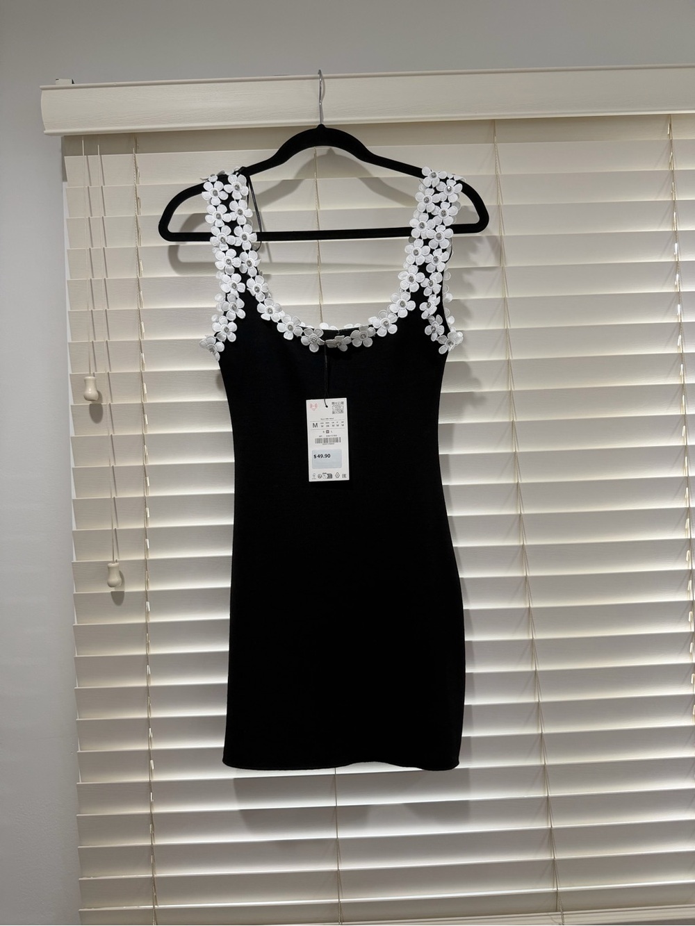 Zara Black Mini Dress with White Floral Strap Detail